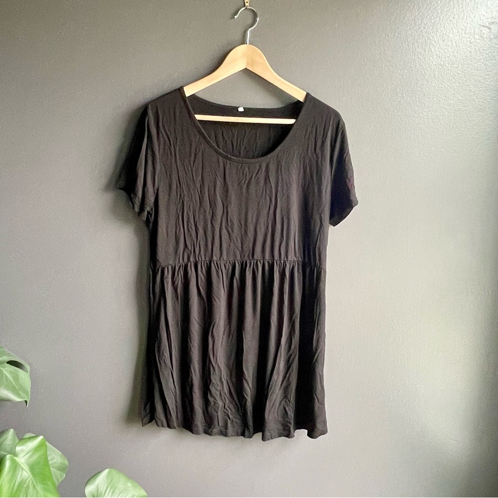 Women Black Short Sleeve Peplum Maternity Blouse Crew Neck Size Large